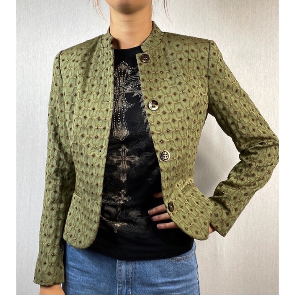 Anthropologie Comma green sparkle standing collar embroidered jacket blazer.